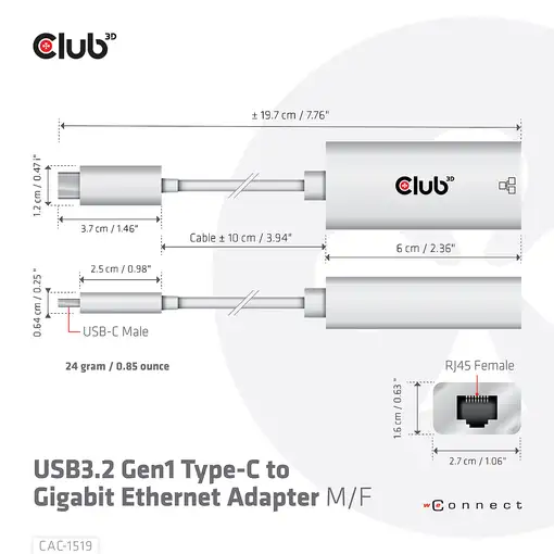 CLUB3D CAC-1519 cambiador de género para cable USB-C RJ-45 Blanco