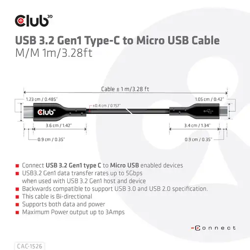 CLUB3D CAC-1526 cable USB USB 3.2 Gen 1 (3.1 Gen 1) 1 m USB C Micro-USB B Negro