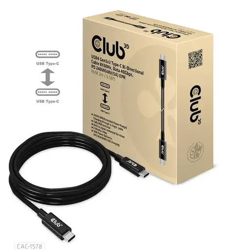 CLUB3D Cable bidireccional USB4 Gen3x2 Tipo-C 8K60Hz, Datos 40Gbps, PD 240W(48V/5A