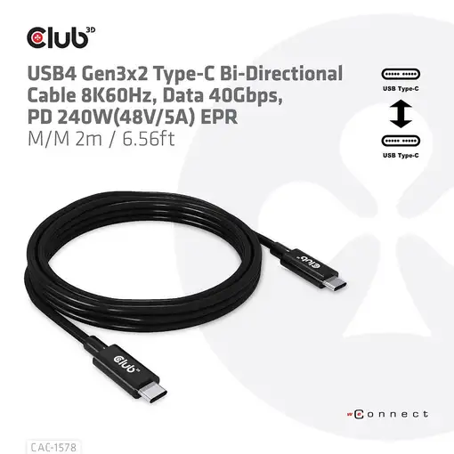 CLUB3D Cable bidireccional USB4 Gen3x2 Tipo-C 8K60Hz, Datos 40Gbps, PD 240W(48V/5A