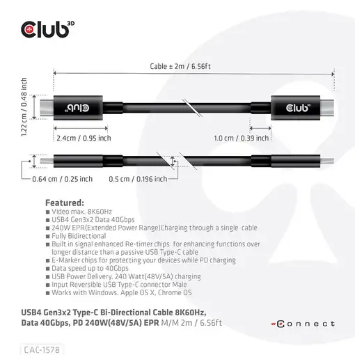 CLUB3D Cable bidireccional USB4 Gen3x2 Tipo-C 8K60Hz, Datos 40Gbps, PD 240W(48V/5A