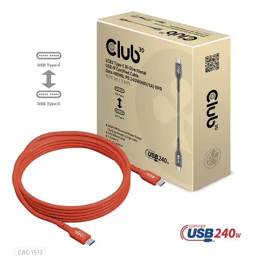 CLUB3D Cable certificado USB2 tipo C bidireccional USB-IF Datos 480 Mb, PD 240 W (