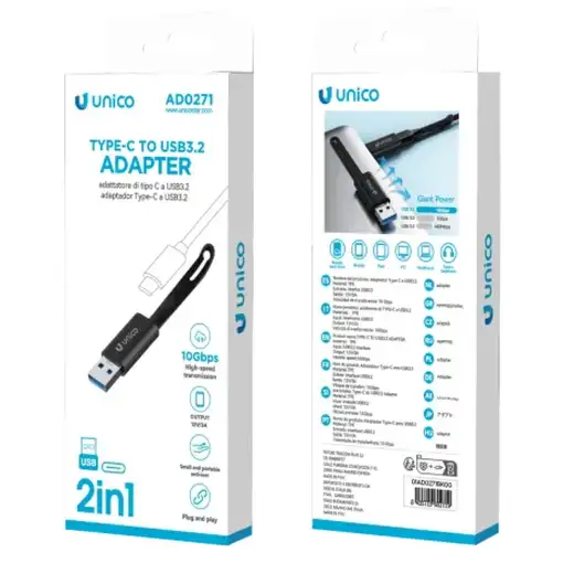UNICO AD0271 cambiador de género para cable USB C USB A Negro