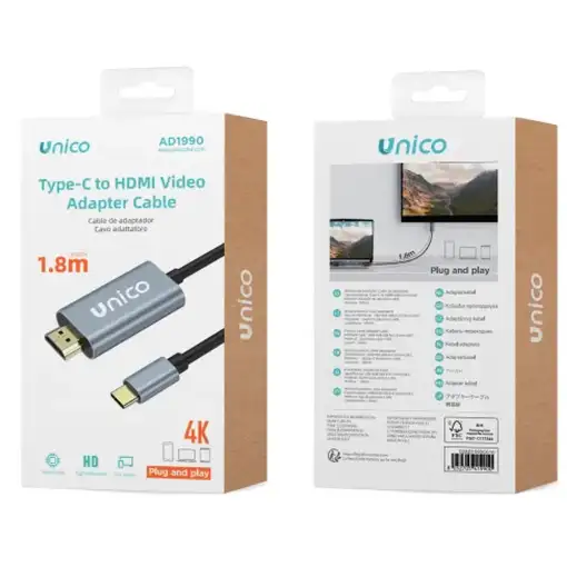 UNICO AD1990 adaptador de cable de vídeo 1,8 m USB Tipo C HDMI Gris