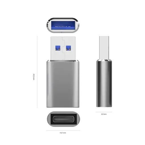 AISENS Mini Adaptador USB 3.2 Gen2 / USB 2.0 3A, Tipo USB-C/H-A/M, Gris