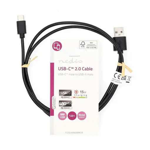 Nedis CCGL60600BK10 cable USB USB 2.0 1 m USB A USB C Negro