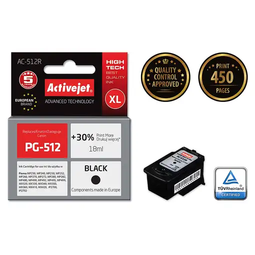 Activejet Tinta AC-512R (sustituye a la Canon PG-512; Premium; 18 ml; negra)