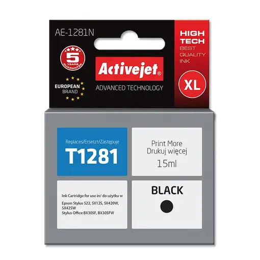 Activejet Tinta AE-1281N (recambio de la Epson T1281; Supreme; 15 ml; negra)