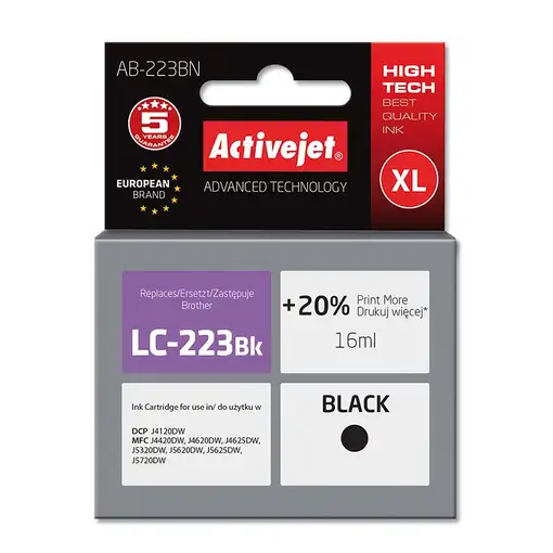 Activejet Tinta AB-223BN (reemplazo de Brother LC223BK; Supreme; 16 ml; negra)