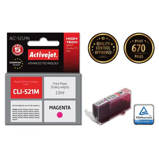 Activejet Tinta ACC-521MN (repuesto Canon CLI-521M; Supreme; 10 ml; rojo)