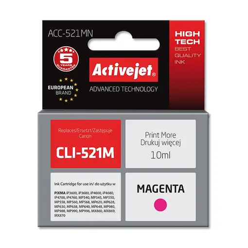 Activejet Tinta ACC-521MN (repuesto Canon CLI-521M; Supreme; 10 ml; rojo)