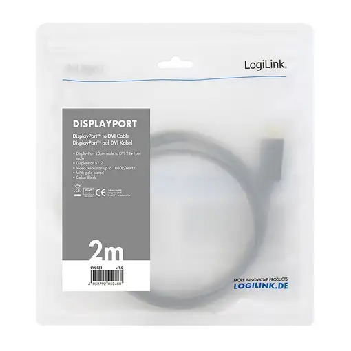 LogiLink CV0131 adaptador de cable de vídeo 2 m DisplayPort DVI Negro