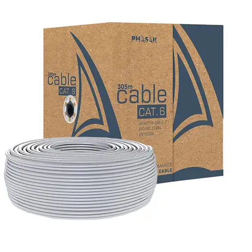 Phasak Bobina de Cable de Red 100 m UTP Sólido AWG23 Cat.6 CCA - PHR 6100