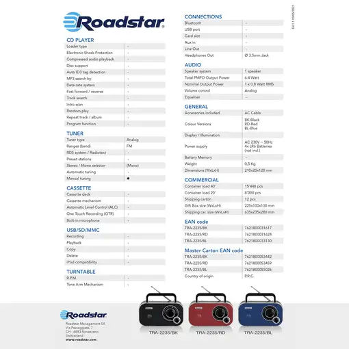 Radio Portátil FM Analógica Funciona Red /Pilas,Pequeño Ligero TRA-2235BK Roadstar