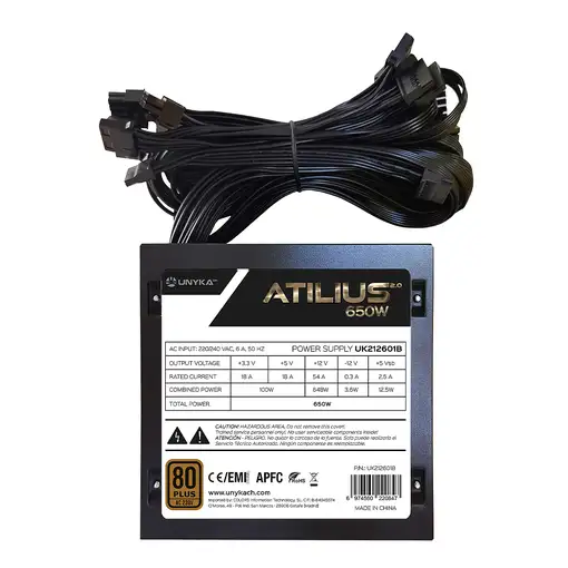 UNYKAch ATX Atilius 2.0 Black 650W 80+ Bronze unidad de fuente de alimentación 20+