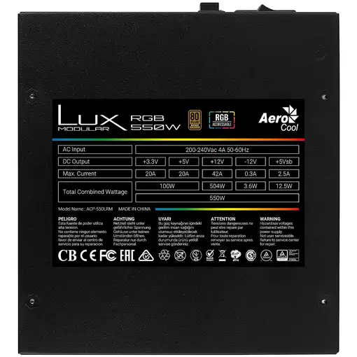 Aerocool LUXRGB550M Fuente Alimentación PC Modular RGB 550W 80Plus Bronze 230V Neg