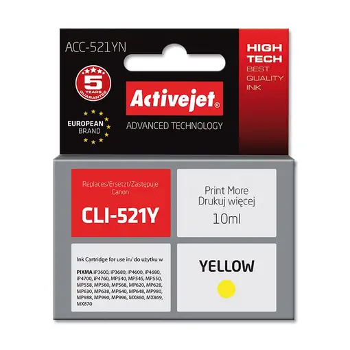 Activejet Tinta ACC-521YN (repuesto Canon CLI-521Y; Supreme; 10 ml; amarillo)