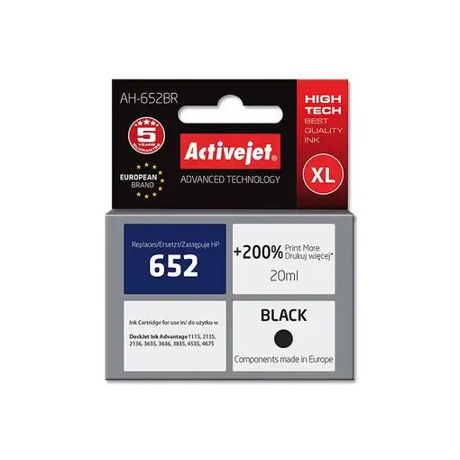 Activejet Tinta AH-652BR (repuesto HP 652 F6V25AE; Premium; 20 ml; negro)