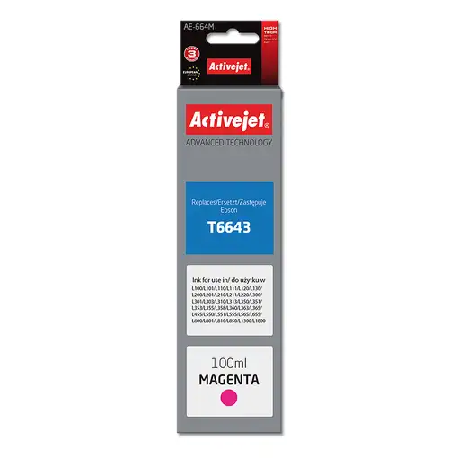 Activejet Botella de tinta AE-664M para impresora Epson, Recambio Epson T6643; Sup