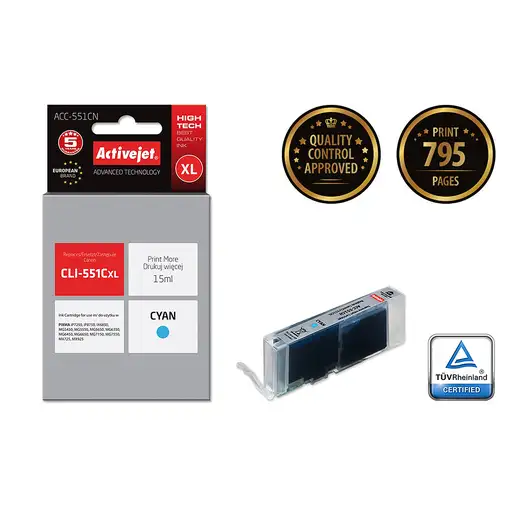 Activejet Tinta ACC-551CN (repuesto Canon CLI-551C; Supreme; 15 ml; azul)