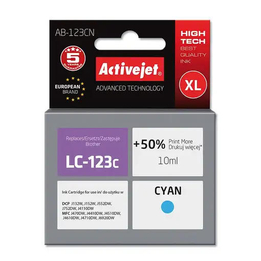 Activejet Tinta AB-123CN (reemplazo de Brother LC123C/121C; Supreme; 10 ml; azul)