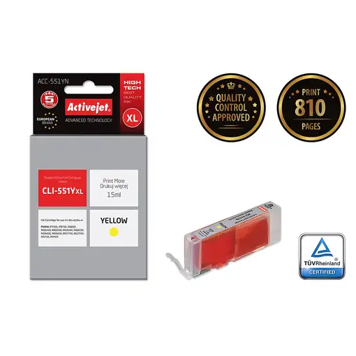 Activejet Tinta ACC-551YN (Canon CLI-551Y de repuesto; Suprema; 15 ml; amarilla)