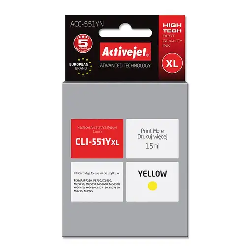 Activejet Tinta ACC-551YN (Canon CLI-551Y de repuesto; Suprema; 15 ml; amarilla)