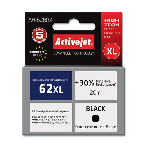 Activejet Tinta AH-62BRX (repuesto HP 62XL C2P05AE; Premium; 20 ml; negro)