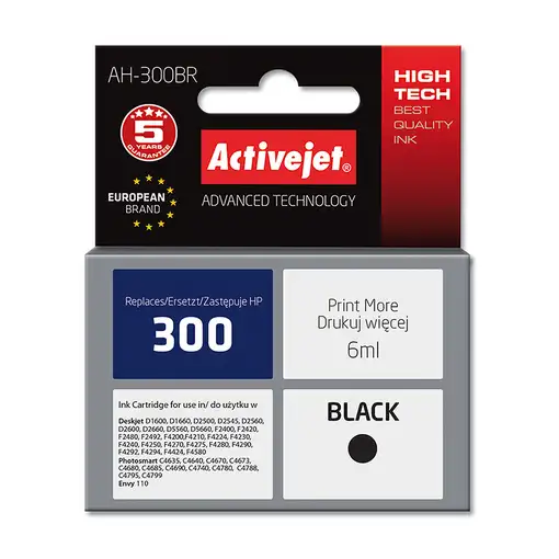 Activejet Tinta AH-300BR (repuesto HP 300 CC640EE; Premium; 6 ml; negro)