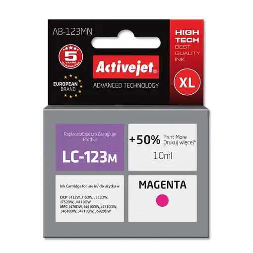 Activejet Tinta AB-123MN (repuesto Brother LC123M/121M; Supreme; 10 ml; rojo)