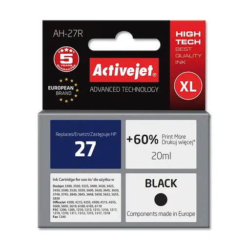 Activejet Tinta AH-27R (repuesto HP 27 C8727A; Premium; 20 ml; negro)