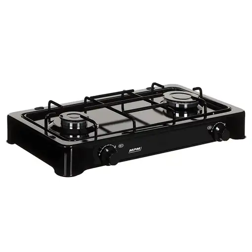 Cocina Gas Portátil Camping, 2 Quemadores, Rejilla Esmaltada, Tapa, KN-02/1KB MPM