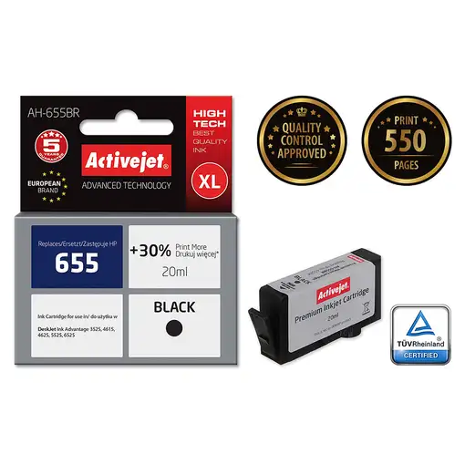 Activejet Tinta AH-655BR (reemplazo HP 655 CZ109AE; Premium; 20 ml; negro)