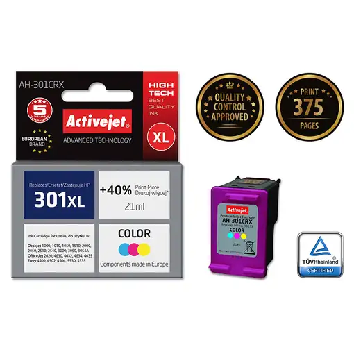 Activejet Tinta AH-301CRX (reemplazo HP 301XL CH564EE; Premium; 21 ml; color)