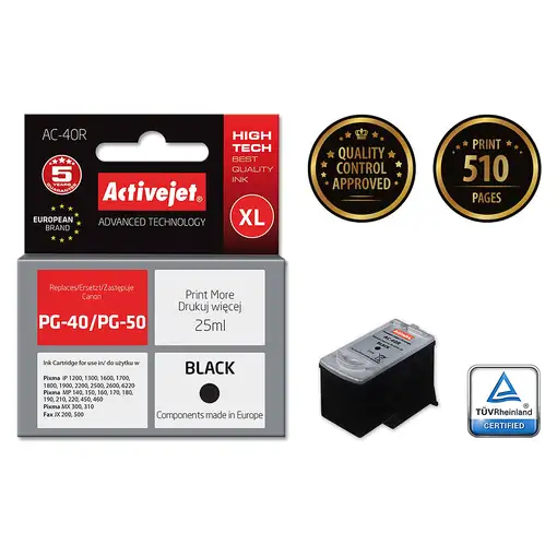 Activejet Tinta AC-40R (sustituta de la Canon PG-40; Premium; 25 ml; negra)
