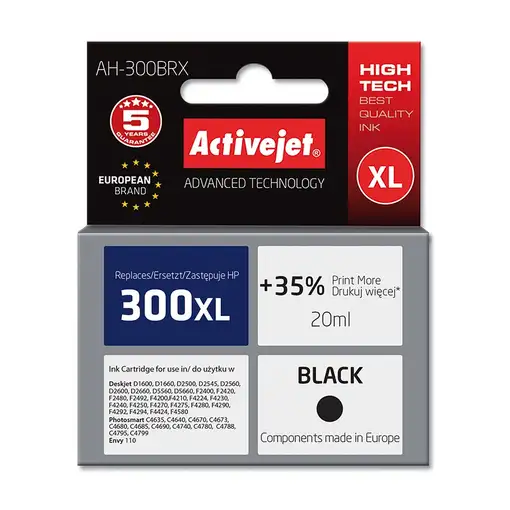 Activejet Tinta AH-300BRX (repuesto HP 300XL CC641EE; Premium; 20 ml; negro)