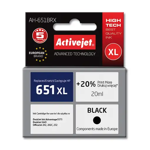 Activejet Tinta AH-651BRX (repuesto HP 651 C2P10AE; Premium; 20 ml; negro)
