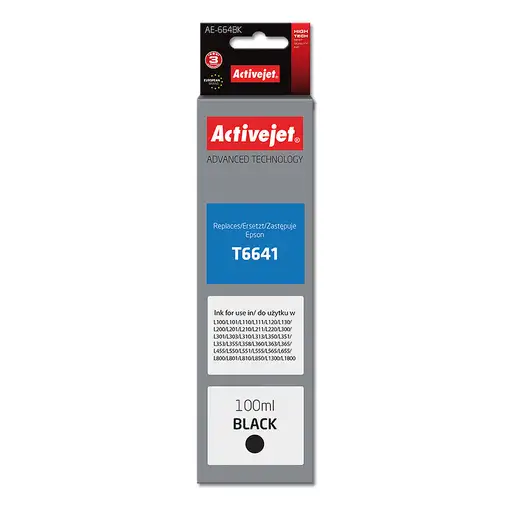 Activejet Botella de tinta AE-664Bk para impresora Epson, Recambio Epson T6641; Su