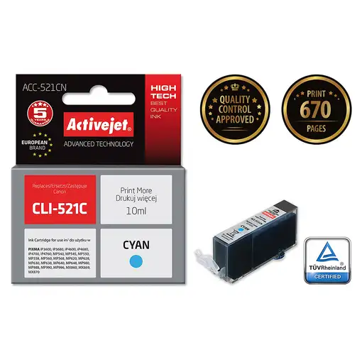 Activejet Tinta ACC-521CN (Canon CLI-521C de repuesto; Supreme; 10 ml; azul)