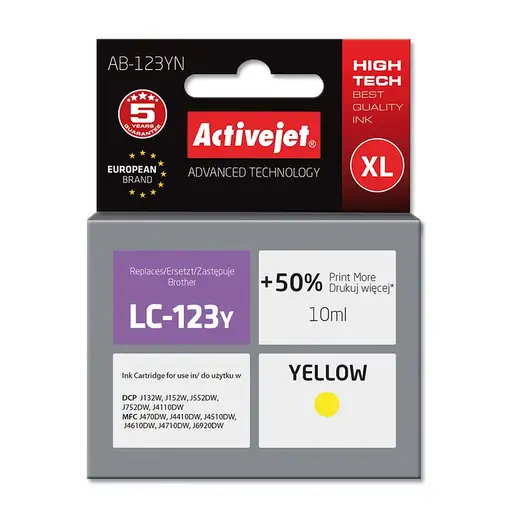 Activejet Tinta AB-123YN (repuesto Brother LC123Y/121Y; Supreme; 10 ml; amarillo)