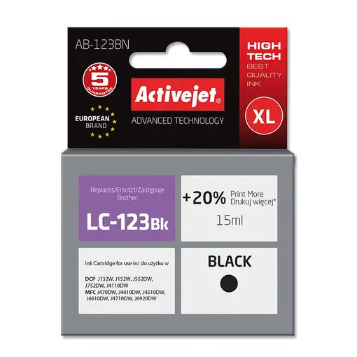 Activejet Tinta AB-123BN (reemplazo de Brother LC123BK/121BK; Supreme; 15 ml; negr