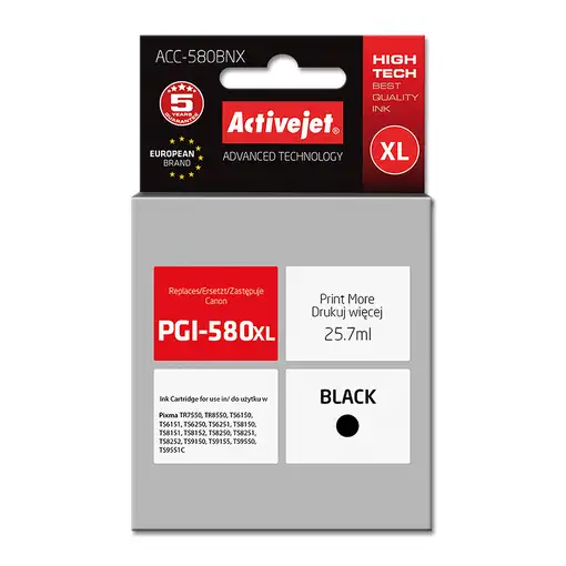 Activejet Tinta ACC-580BNX (sustitución de la PGI-580Bk XL; Supreme; 25,7 ml; negr