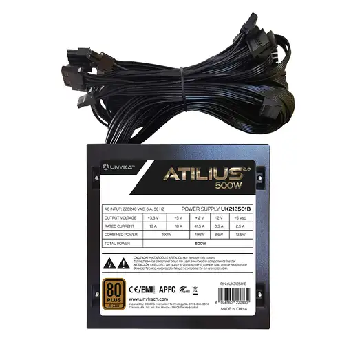 UNYKAch ATX Atilius 2.0 Black 500W 80+ Bronze unidad de fuente de alimentación 20+