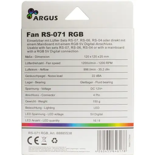 Inter-Tech RS-071 RGB Carcasa del ordenador Ventilador 12 cm Negro, Blanco