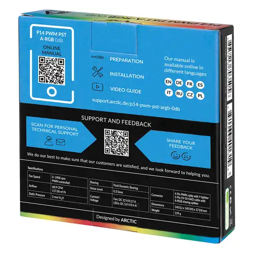 ARCTIC P14 PWM PST A-RGB 0dB Carcasa del ordenador Ventilador 14 cm Negro 1 pieza(