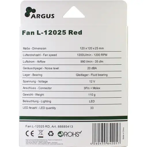 Inter-Tech L-12025 Carcasa del ordenador Ventilador 12 cm Negro, Rojo