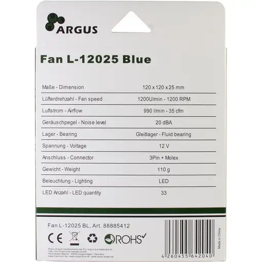 Inter-Tech L-12025 Carcasa del ordenador Ventilador 12 cm Negro, Azul