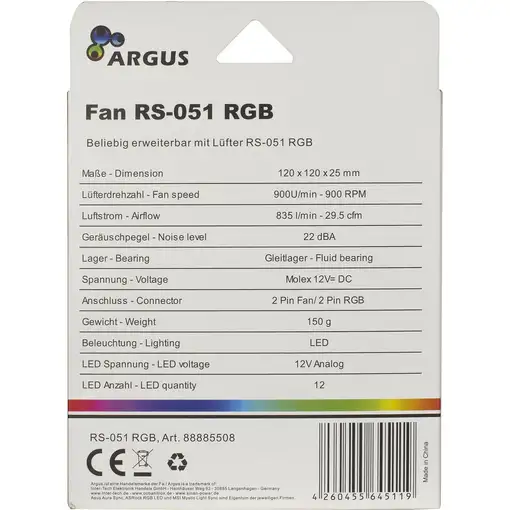 Inter-Tech Argus RS-051 RGB Carcasa del ordenador Ventilador 12 cm Negro