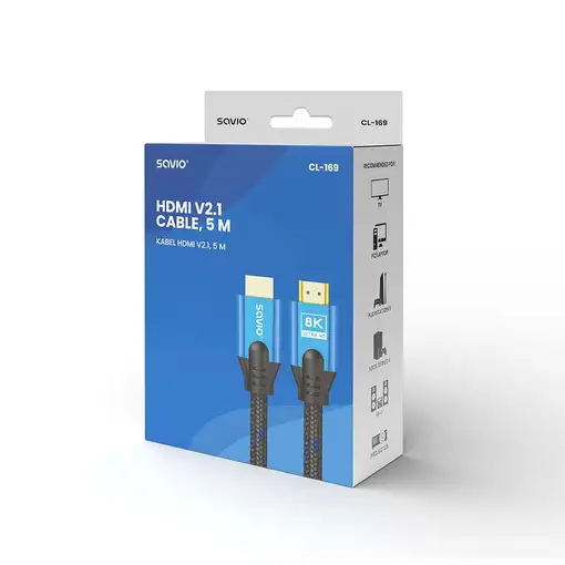 Savio HDMI (M) v2.1 cable 5m 8K copper blue-black golden tips CL-169 cable HDMI HD