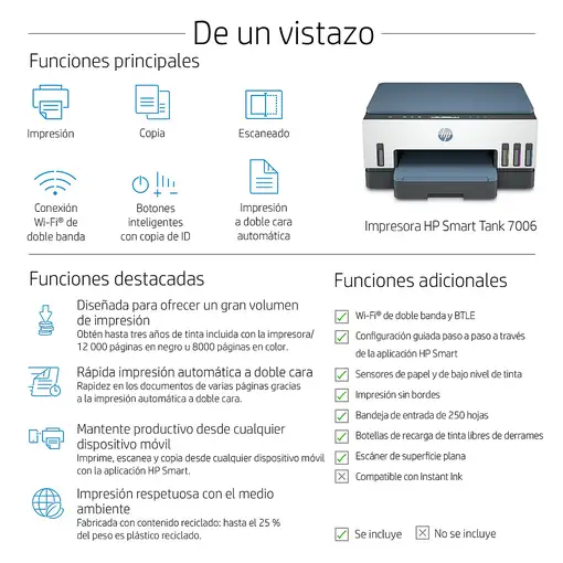 HP Smart Tank 7006 Inalámbrico All-in-One Color Impresora, Impresión a doble cara;